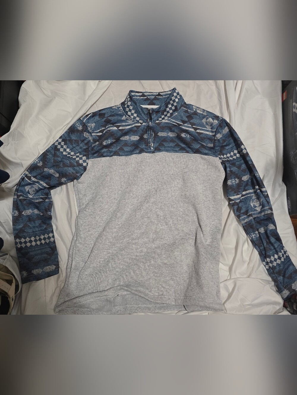 Men's Half-Zip Sweater with Blue Patterned Yoke - Light Gray Body